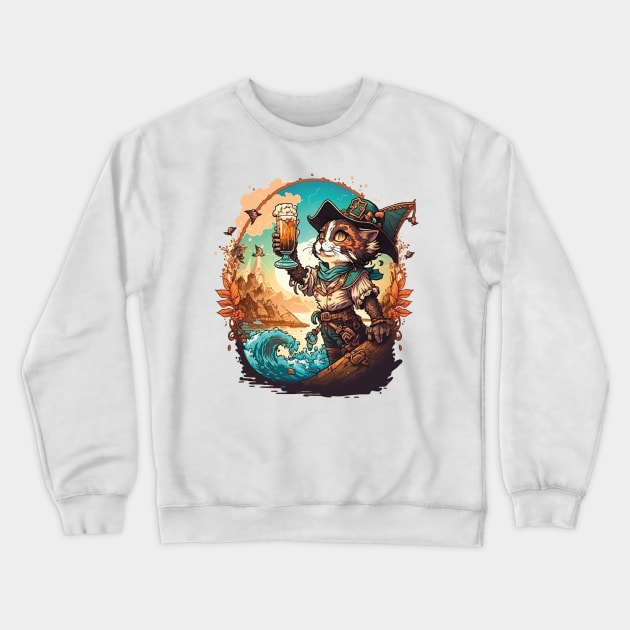 Get Ready to Sail the High Seas with Pirate Cat Crewneck Sweatshirt by kanisky